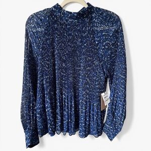 Halogen Pleated Mock Neck Blouse Womens Large Blue Long Sleeve NWT